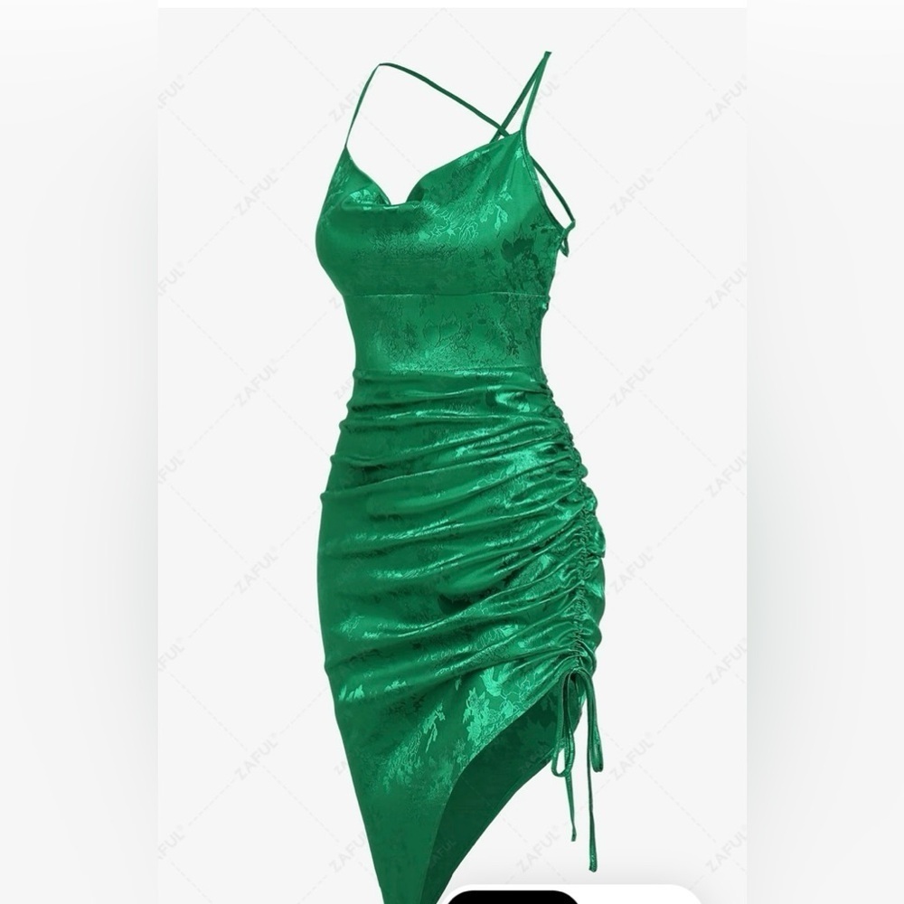 ZAFUL Floral Jacquard Satin Cinched Lace Up Asymmetric Dress - Deep Green